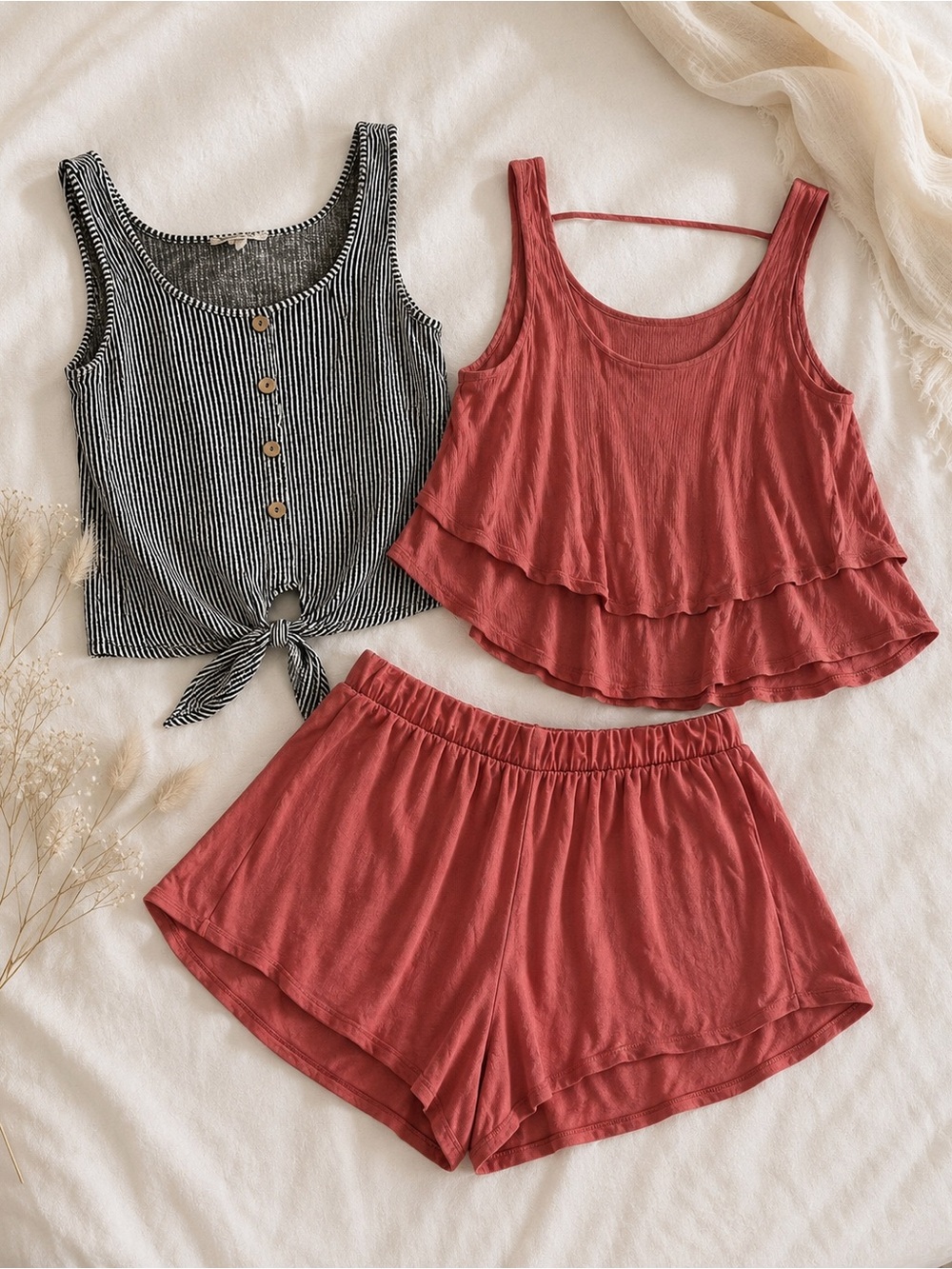 Striped Tie-Front Tank Top & Coral Flowy Tank + Shorts Set 🌺